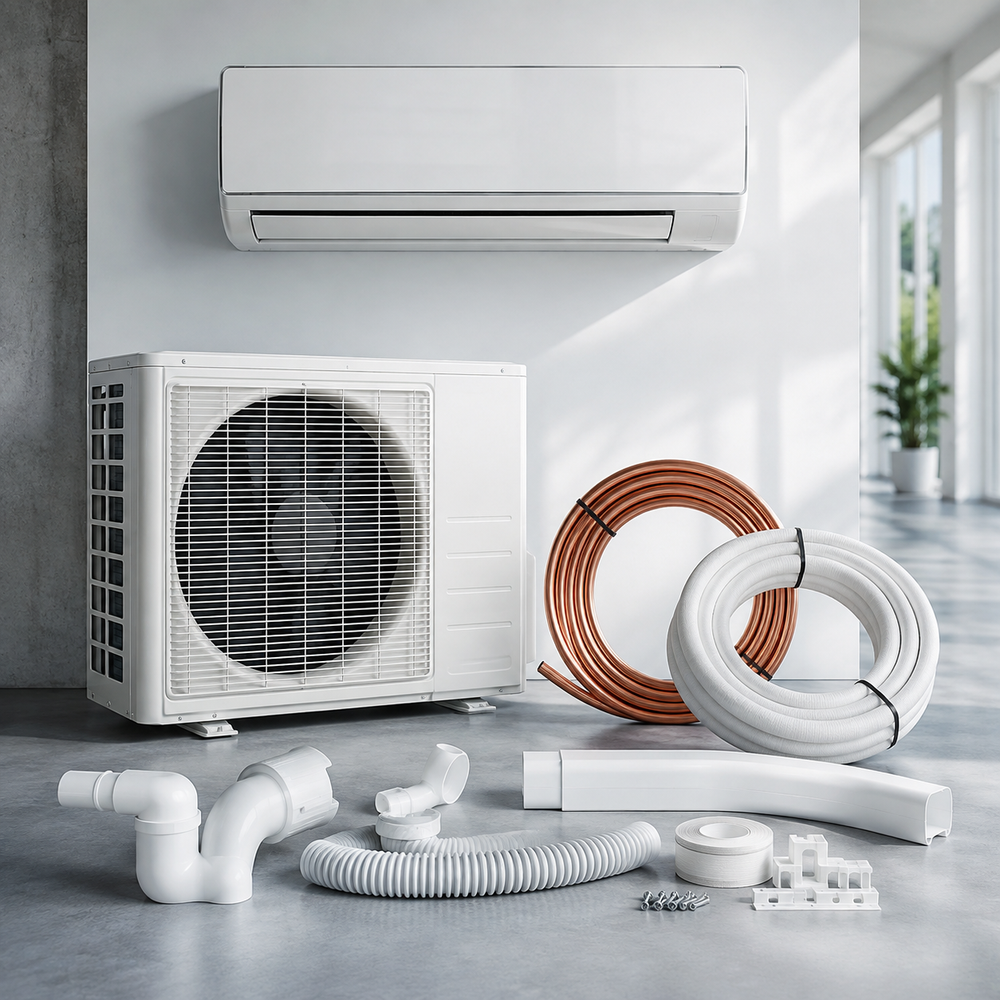 Klimageräte, Außeneinheit und Installationskomponenten