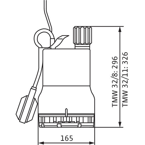 Wilo Schmutzwasser-Tauchmotorpumpe Drain TMW 32/8-10M,G 11/4,1x230V,0.37kW – Strichzeichnung vermaßt