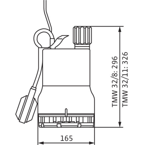 Wilo Schmutzwasser-Tauchmotorpumpe Drain TMW 32/8-10M,G 11/4,1x230V,0.37kW – Strichzeichnung vermaßt