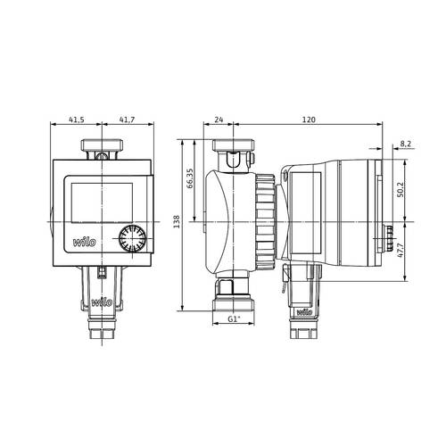 Wilo Nassläufer-Hocheffizienzpumpe Star-Z NOVA T, Rp1/2,1x230V,7W – Strichzeichnung vermaßt