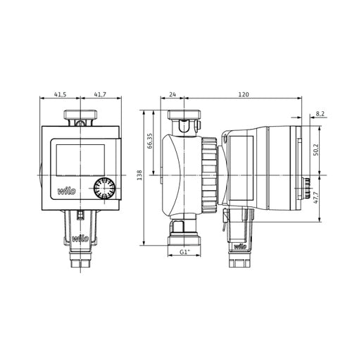 Wilo Nassläufer-Hocheffizienzpumpe Star-Z NOVA T, Rp1/2,1x230V,7W – Strichzeichnung vermaßt