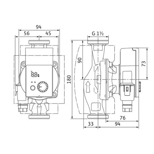 Wilo Nassläufer-Hocheffizienzpumpe Yonos PICO plus 25/1-4,Rp1,G11/2,1x230V – Strichzeichnung vermaßt