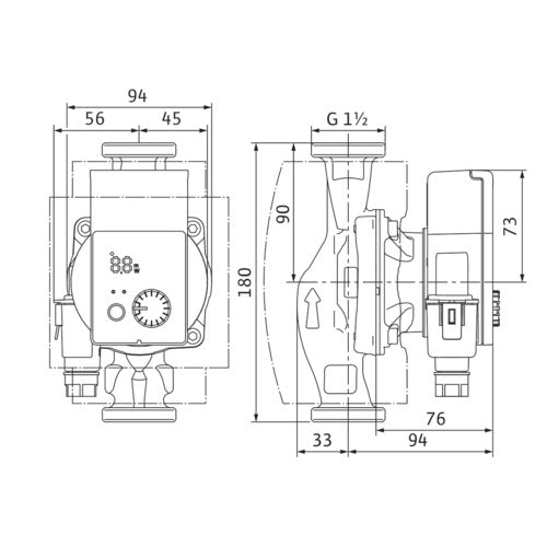 Wilo Nassläufer-Hocheffizienzpumpe Yonos PICO plus 25/1-4,Rp1,G11/2,1x230V – Strichzeichnung vermaßt