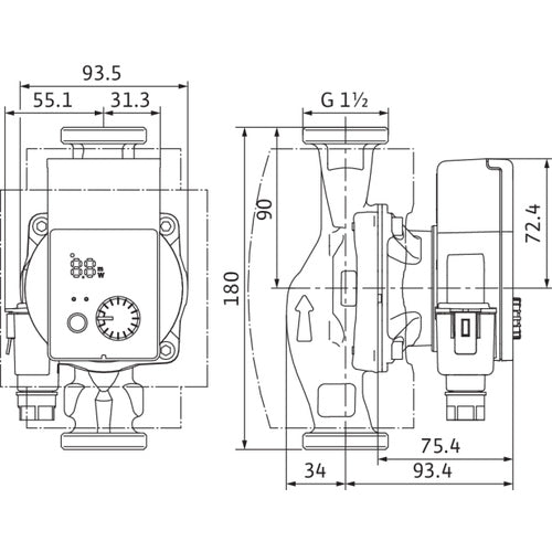 Wilo Nassläufer-Hocheffizienzpumpe Yonos PICO plus 25/1-4,Rp1,G11/2,1x230V – Strichzeichnung vermaßt