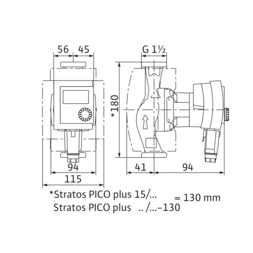 Wilo Nassläufer-Hocheffizienzpumpe Yonos PICO plus 25/1-6,Rp1,G11/2,1x230V – Strichzeichnung vermaßt