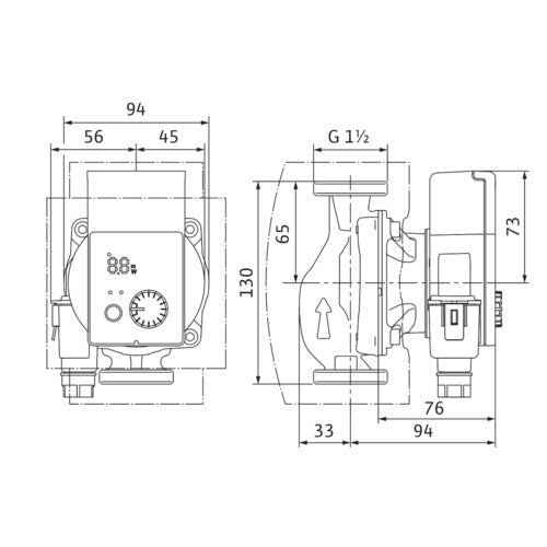 Wilo Nassläufer-Hocheffizienzpumpe Yonos PICO plus 25/1-6-130,G11/2,1x230V – Strichzeichnung vermaßt