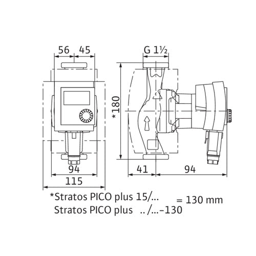 Wilo Nassläufer-Hocheffizienzpumpe Yonos PICO plus 25/1-6-130,G11/2,1x230V – Strichzeichnung vermaßt