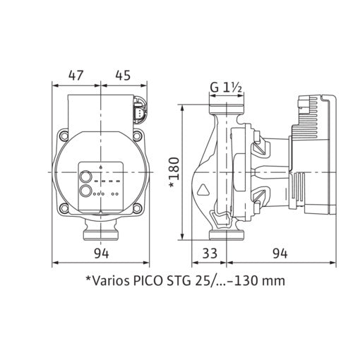 Wilo Nassläufer-Hocheffizienzpumpe Varios PICO-STG 25/1-7, G 11/2, 1x230V – Strichzeichnung vermaßt