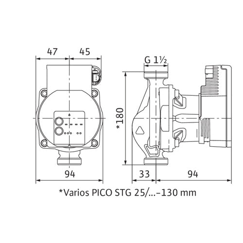 Wilo Nassläufer-Hocheffizienzpumpe Varios PICO-STG 25/1-7, G 11/2, 1x230V – Strichzeichnung vermaßt
