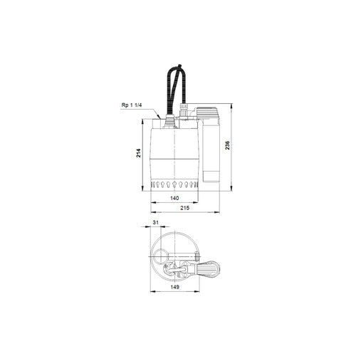 Grundfos Kellerentwässerungsp. Unilift KP150-AV-1, 1_1/4" 1x230V 0,3kW 5m Kabel Maßzeichnung 011H1400