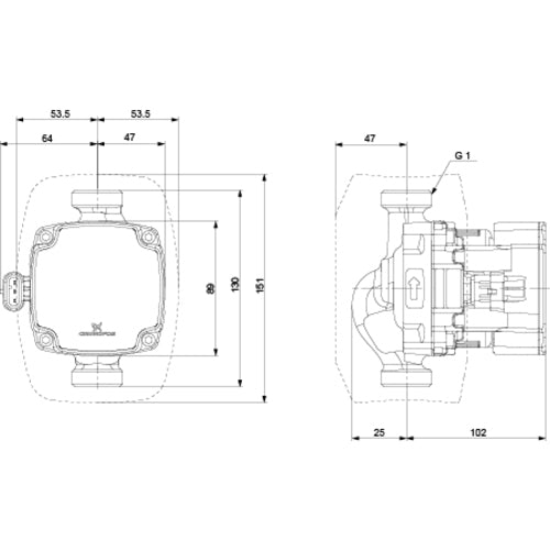 Grundfos Hocheffizienz Umwälzpumpe ALPHA1 GO 15-40 130 220-240V 9H DB0 Maßzeichnung