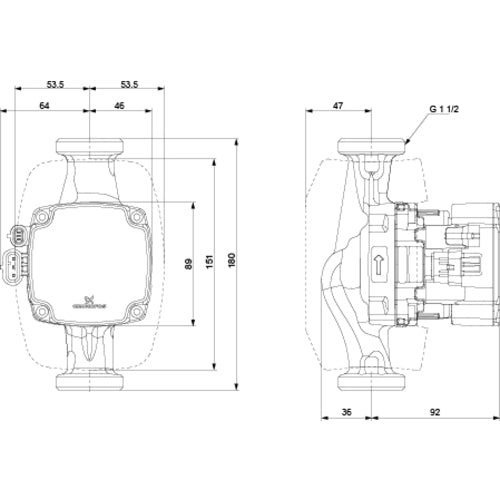 Grundfos Hocheffizienzpumpe ALPHA2 GO 25-90 180, 1 × 230 V Maßzeichnung 93074232