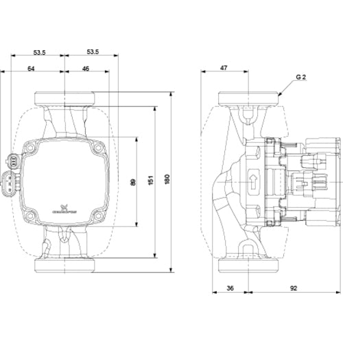 Grundfos Hocheffizienz Umwälzpumpe ALPHA2 GO 32-60 180 220-240V 9H DF0 Maßzeichnung 93074238