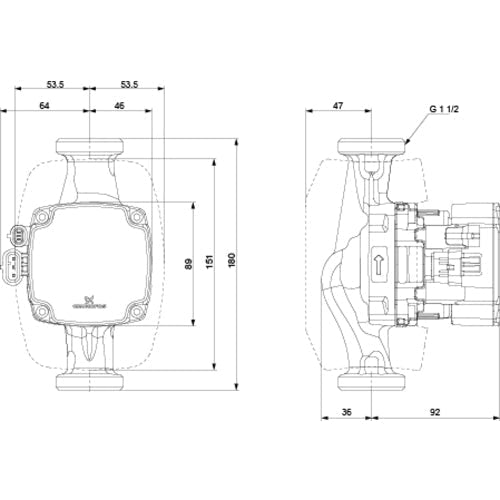 Grundfos ALPHA2 GO 25-60 180 – Maßzeichnung