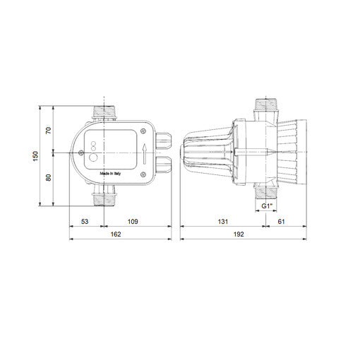 Grundfos Druckmanager PM START 1,5, 1 × 230 V, Schuko Maßzeichnung 93225650
