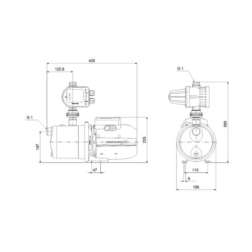 Grundfos selbstansaugende Jetpumpe JP 4-54 PM START 1x230V 50Hz 1,5m SCHUKO Maßzeichnung 93294164