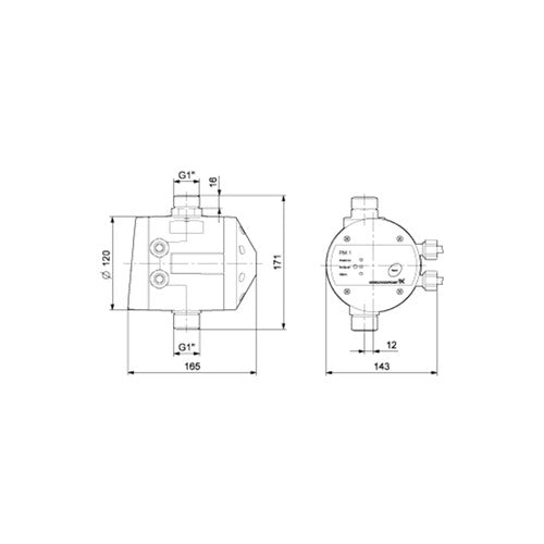 Grundfos Zubehör für Hauswasseranlagen Pressure Manager PM1/1,5 1,5bar 230V Maßzeichnung 96848693