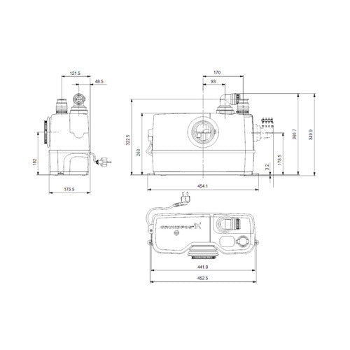 Grundfos Hebeanlage Sololift 2 WC-1 620 W, 1 x 230V, L:453 x B:176 x H:347mm Maßzeichnung 97775314