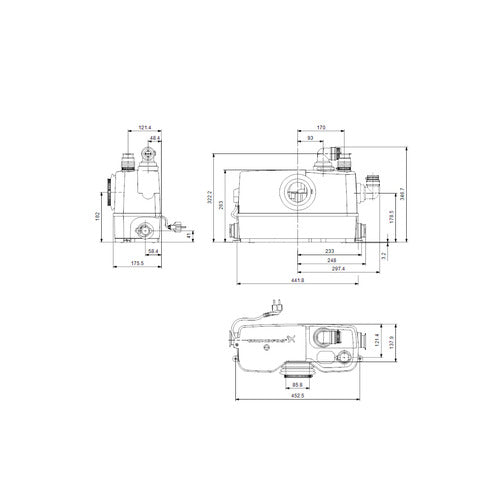 Grundfos Hebeanlage Sololift 2 WC-3 620 W, 1 x 230V, L:453 x B:176 x H:347mm Maßzeichnung 97775315