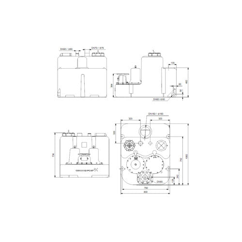 Grundfos Fäkalienhebeanlage Multilift MLD.24.3.2 3x400V 2,7kW CEE Maßzeichnung