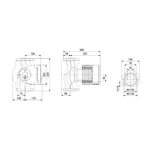 Grundfos Elektr. geregelte Umwälzpumpe MAGNA3 40-150F PN6/10 250mm 1x230V DE Maßzeichnung