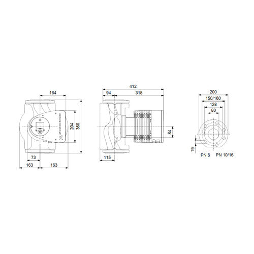 Grundfos Elektr. geregelte Umwälzpumpe MAGNA3 80-120F PN6 360mm 1x230V DE Maßzeichnung