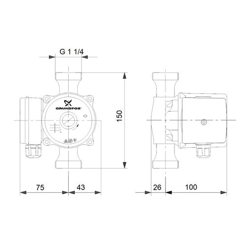 Grundfos Zirkulationspumpe UP 20-45 N 150mm 1x230V G1_1/4 Maßzeichnung