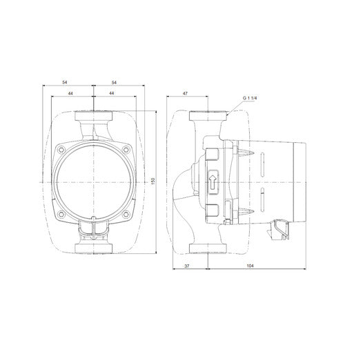 Grundfos Elektr. geregelte Umwälzpumpe ALPHA1 20-40 N 150mm 1x230V 50Hz 6H DACH Maßzeichnung