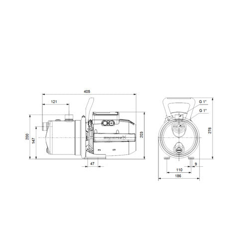 Grundfos Gartenpumpe JP 5-48, 1 × 230 V, Schuko Maßzeichnung 99458769