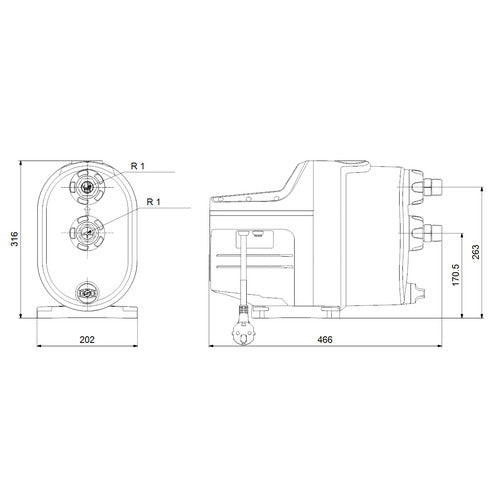 GRUNDFOS Hauswasserwerk SCALA1 5-55 1x230V 50Hz SCHUKO Maßzeichnung 99530407